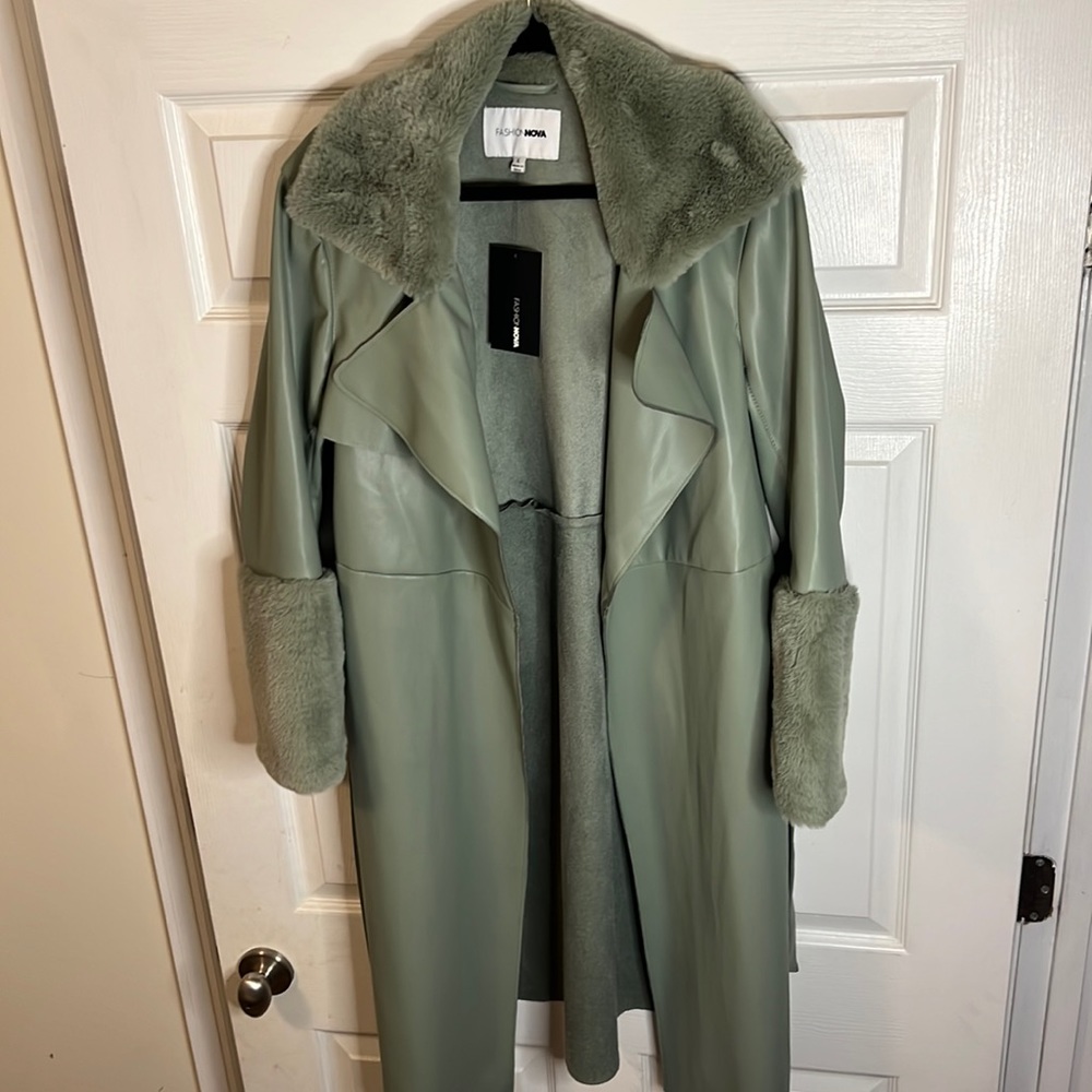 Sage Faux Leather Coat, Size L, never worn